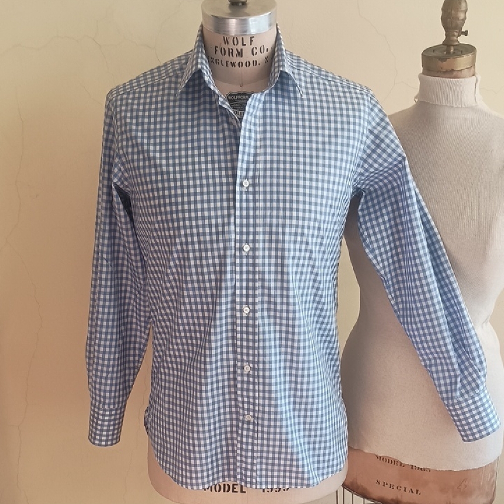 Asprey Blue and White Checked Men's Cotton Shirt Sz M